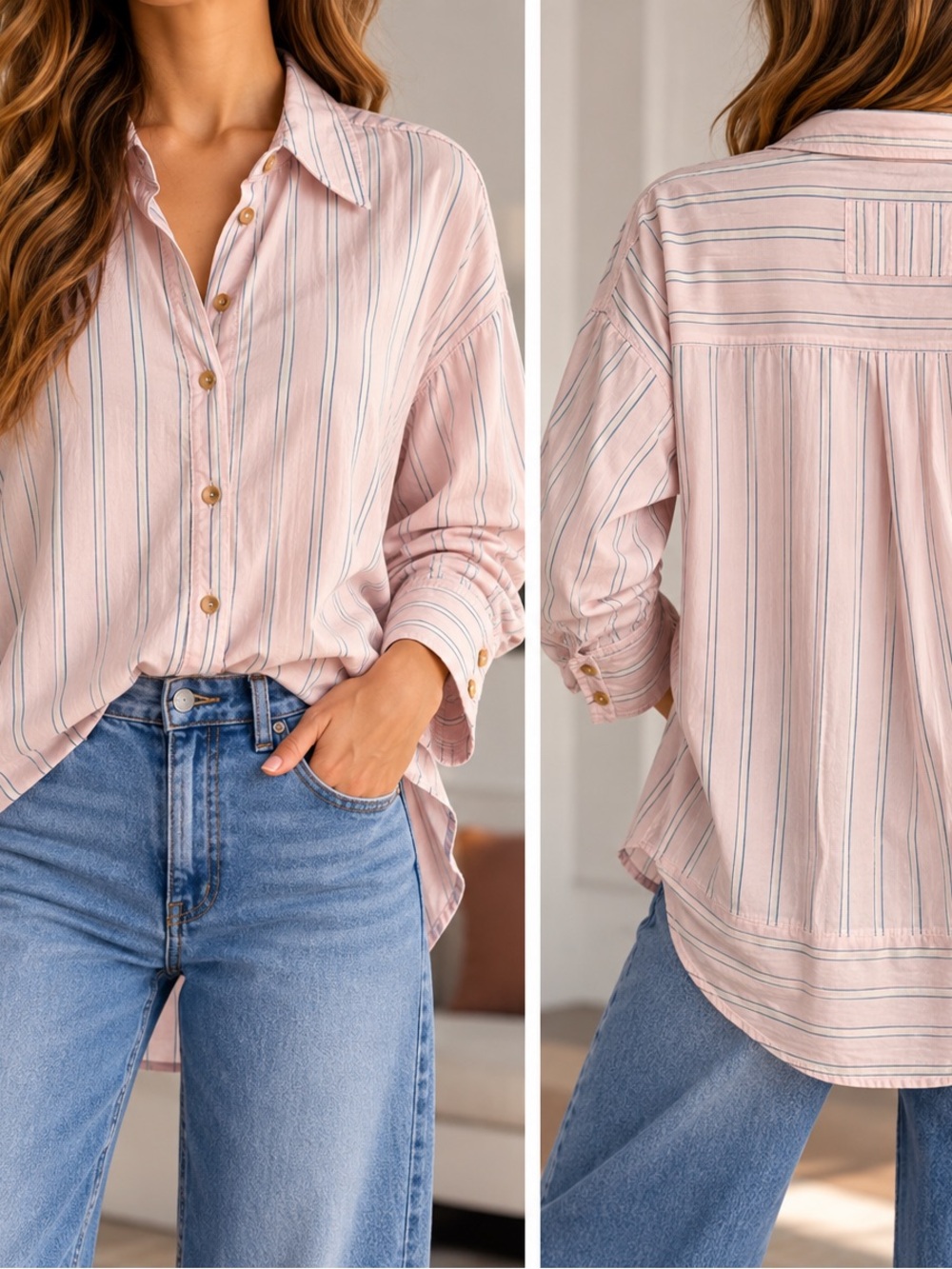 Free People We The Free Pink Striped Oversized Button Down Shirt Small